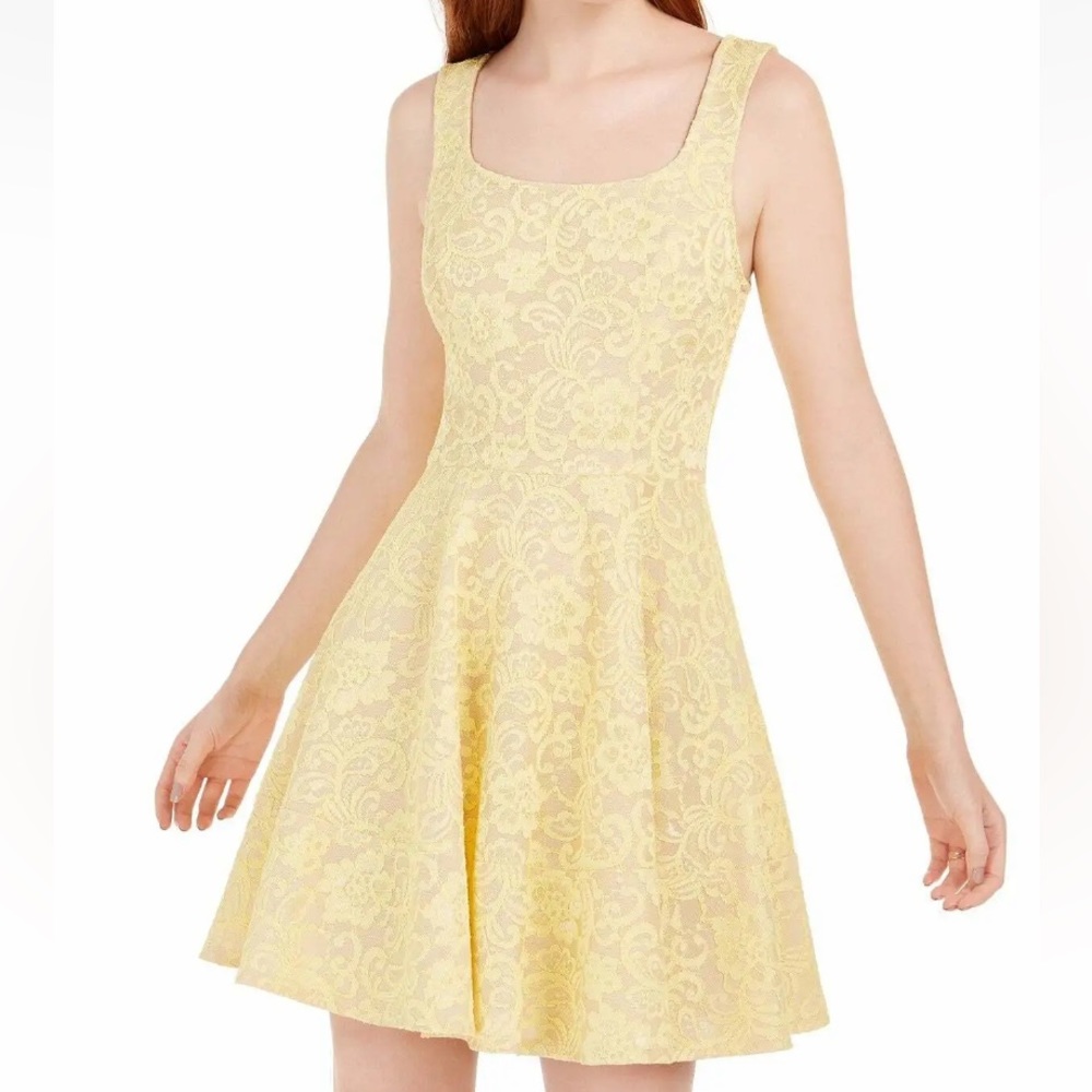 New! Speechless Juniors' Lace Fit & Flare Dress Yellow 13